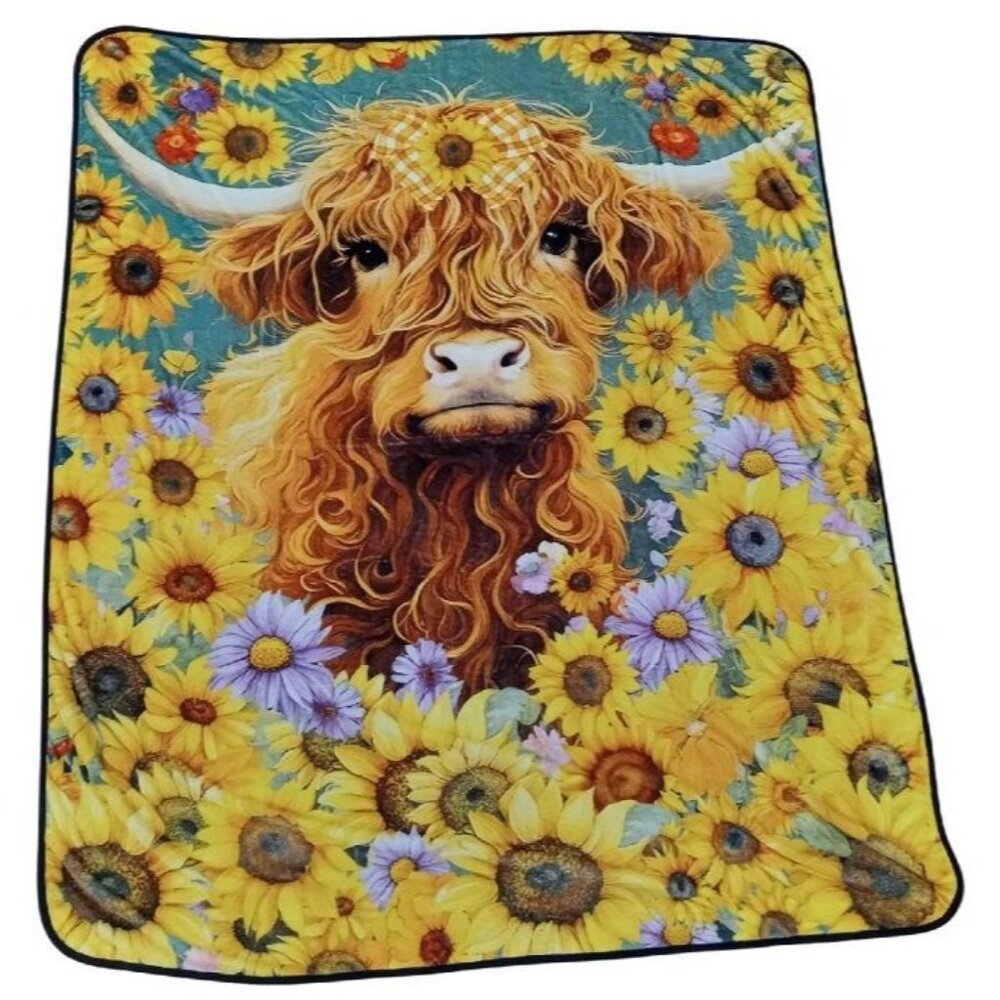 New Highland Cow Plush Throw Blanket Gift Farm Sunflowers Horns Bull Daisies NIP - Picture 2 of 4